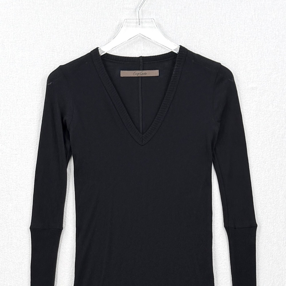 ENZA COSTA Cashmere Cuffed V Neck Top Womens Small Black Long Sleeve Luxury - Picture 7 of 15